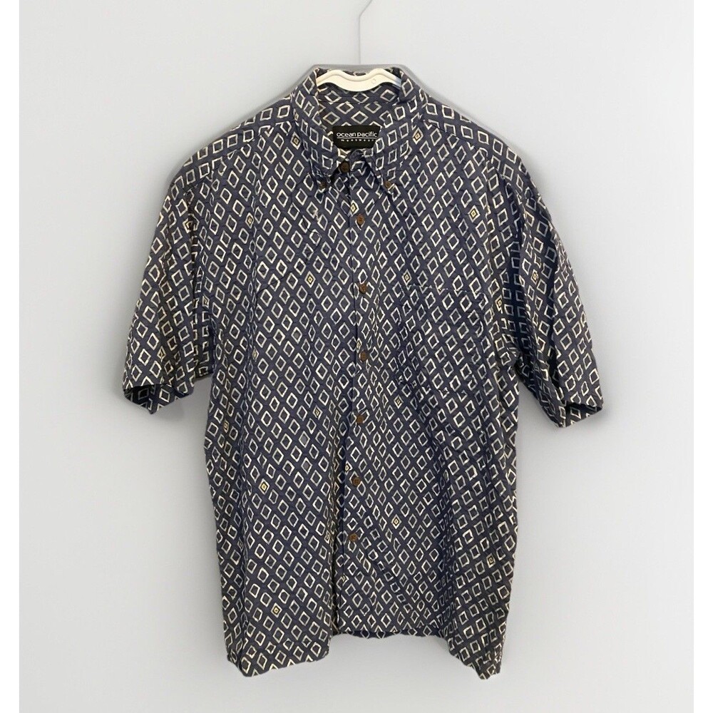 OP Ocean Pacific Button Camp Shirt Mens Large Blue white Diamond Print vintage